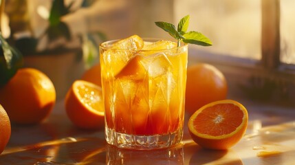 Poster - Refreshing Orange Cocktail with Ice and Mint Against Bright Window