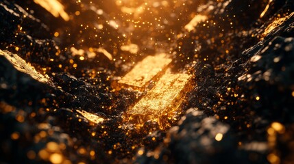 Fototapete - Sparkling Gold Bars Surrounded by Glimmering Dust and Darkness