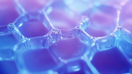 Poster - Blue pastel medical and tech background with hexagon pattern and bright sparkles. Realistic vector abstract bg with honeycomb geometric cell texture for medicine and science technology design.
