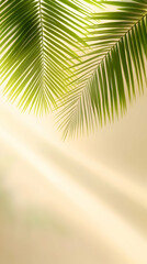 Wall Mural - Lush green palm leaves illuminated by soft sunlight, creating a tranquil and refreshing atmosphere.