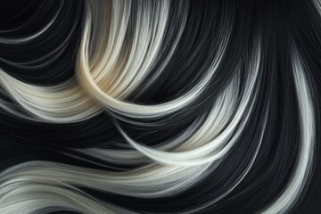 Poster - Elegant black and white hair texture showcasing smooth waves and natural sheen under soft lighting. Generative AI