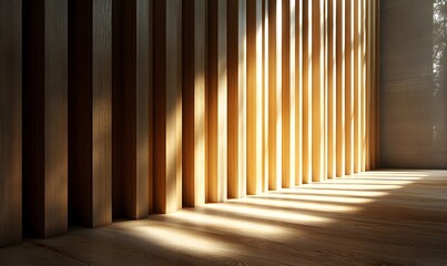 Wall Mural - Wooden battens with natural light casting soft shadows