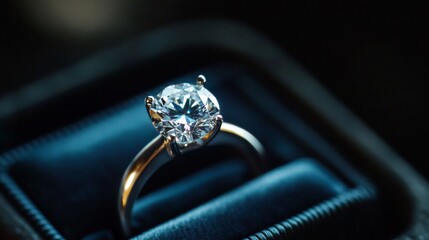 Aufkleber - Elegant solitaire diamond ring on black velvet background