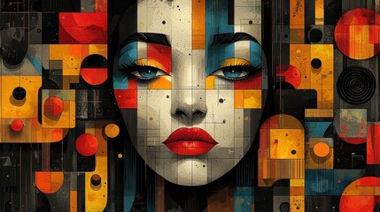 Poster - Abstract Portrait of Woman with Geometric Patterns and Bold Colors