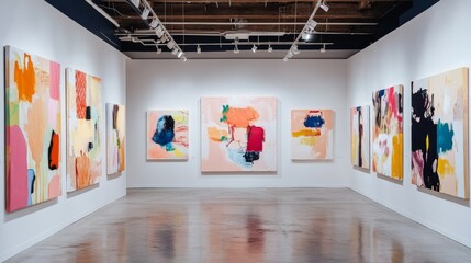 Poster - Art exhibition posters with abstract painting design. Vector vertical banners, invitation flyers to museum or gallery with trendy creative background with colorful paint blobs and hand drawn shapes