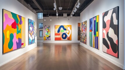 Poster - Art exhibition posters with abstract painting design. Vector vertical banners, invitation flyers to museum or gallery with trendy creative background with colorful paint blobs and hand drawn shapes
