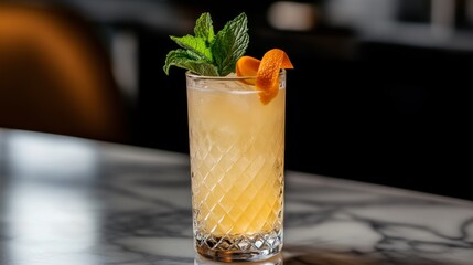 Poster - Refreshing citrus cocktail with mint garnish on marble table