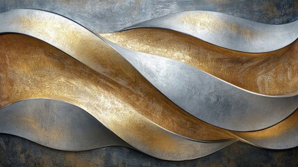 Poster - Abstract metal waves with gold and silver texture on dark background