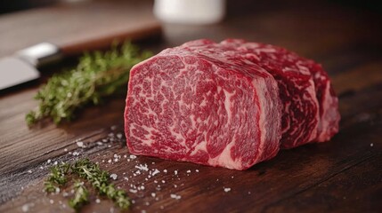 Sticker - Premium Cut of Marbled Beef on Wooden Surface with Herbs and Salt