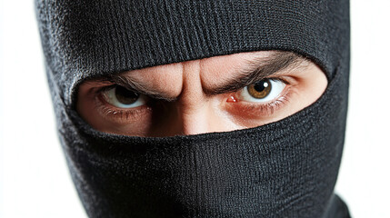 Portrait of thief man isolated on white background. black balaclava mask on bandit robber criminal burglar face, illegal stealing danger, theft crime security, villain, safety, hacker, dark.