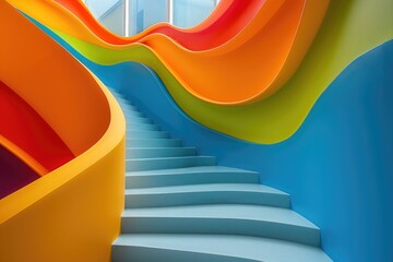 Poster - Colorful spiral staircase in a modern building leads to a bright, airy space with vibrant, undulating walls. Generative AI