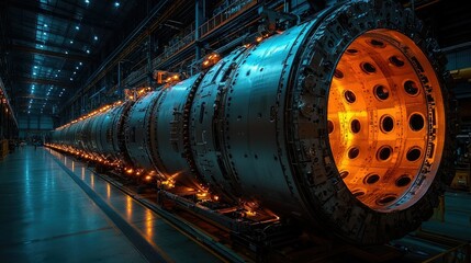 Poster - A large industrial turbine with glowing components in a factory setting.