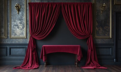 Wall Mural - A dark, velvet drape behind a simple, elegant table, creating a luxurious