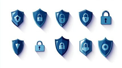 Poster - Realistic set of blue security shield icons isolated on transparent background. Vector illustration of 3D safety symbols with lock, key, cross, tick signs. Data privacy protection, antivirus