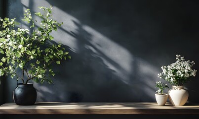 Wall Mural - A dark wall with a simple wooden table adorned with natural elements