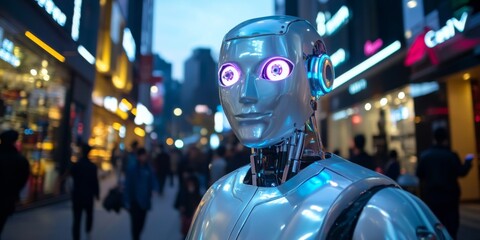 Aufkleber - A futuristic robot stands in a busy urban street. The cityscape glows with vibrant lights and a lively atmosphere. This image represents advanced technology and human interaction. AI.