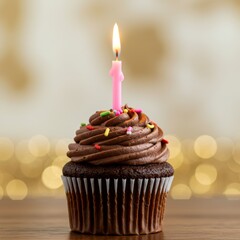 Wall Mural - A birthday cupcake with one lit candle on top, decorated with colorful frosting and sprinkles
