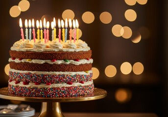 Wall Mural - A birthday cake with candles on top and blurred lights background

