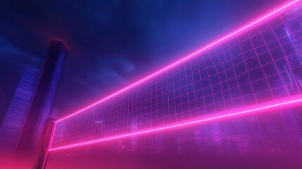 Aufkleber - Neon pink volleyball net against a futuristic city skyline at night.