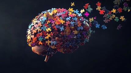 Poster - Colorful Puzzle Pieces Forming a Brain Concept on Dark Background