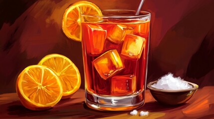 Poster - Refreshing Cocktail with Ice Cubes and Citrus Garnish on Table