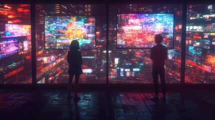 Poster - Digitizing the Factory: Two industrial engineers employ tablet computers to conduct AI and big data analysis, visualizing a high-tech facility as a 3D rendered neural network, within the realm of