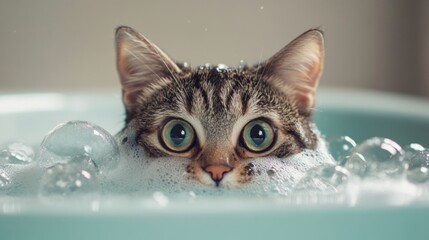 Poster - Curious Cat in Bathtub Surrounded by Bubbles and Foam