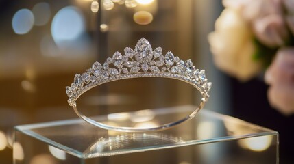 Aufkleber - Elegant Diamond Tiara Displayed on Glass with Romantic Background
