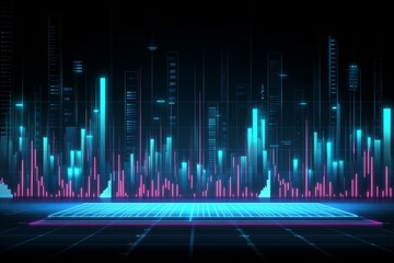 Poster - A look into the growth of the stock market, business investments, and data analytics, enhanced with digital charts, graphs, and indicators on a blurred dark blue backdrop.