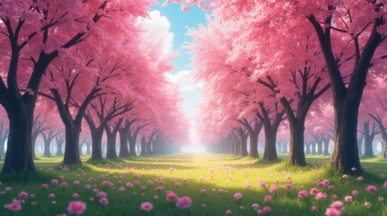 Wall Mural - grove of blossom trees in full bloom, creating a stunning landscape filled with vibrant colors and a sense of tranquility