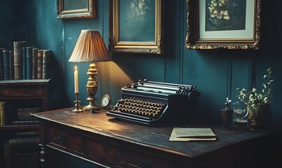 Wall Mural - A dark wall with an antique table and vintage props like an old typewriter or candlestick