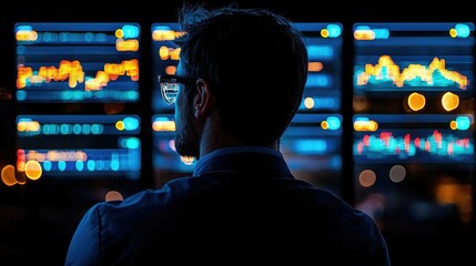Poster - A person observing data on multiple screens, likely in a financial or tech environment.