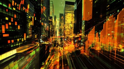 Fototapete - Abstract Cityscape with Neon Lights and Digital Effects at Night