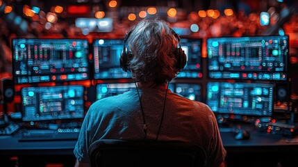 Poster - A person monitors multiple screens in a tech-focused environment, likely for gaming or data analysis.