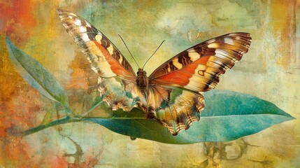 Poster - Vibrant Butterfly on a Leaf with Abstract Background Colors