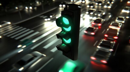 Fototapete - Green Traffic Light Illuminating Urban Street at Night