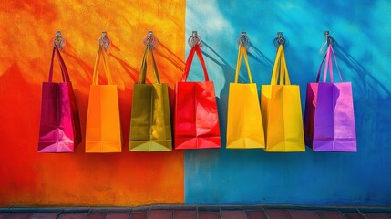 Wall Mural - a row of colorful shopping bags hanging on a wall