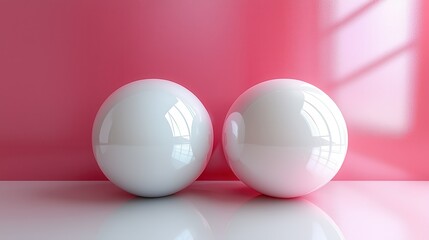 Poster - Glossy White Spheres on a Pink Background with Light Reflection
