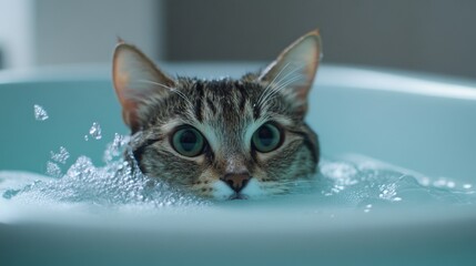 Poster - Cat Rescued from Bathtub with Water Splashing Around Fur