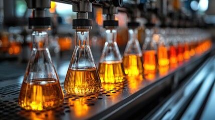 Poster - A production line featuring flasks filled with amber liquid, indicative of a manufacturing process.