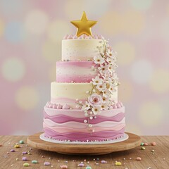 Wall Mural - A 3D rendering of a birthday cake with detailed decorations and a festive design on a clean background

