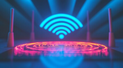 Aufkleber - Vibrant Wi-Fi Symbol with Neon Lights and Ripple Effects on Ground