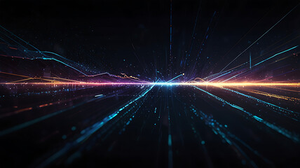 Abstract tech concept with glowing lines of light and digital particles on a dark backdrop