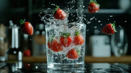 Poster - Fresh Strawberries Splashing Into a Glass of Water