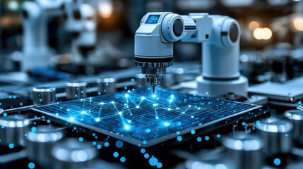 Poster - A robotic arm drilling into a circuit board with digital connections.