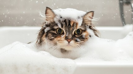 Poster - Adorable Cat Enjoying Bath Time with Bubbles in a Sink