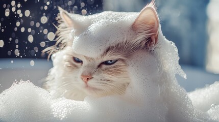 Poster - Cat Relaxing in Bubbles with Soap Foam on Its Head and Face