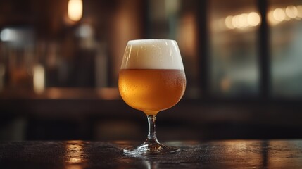 Poster - Craft Beer in Elegant Glass on Wooden Table with Bar Background