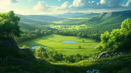 Fototapete - Lush green valley landscape with sunlit meadows, ponds, and forests.