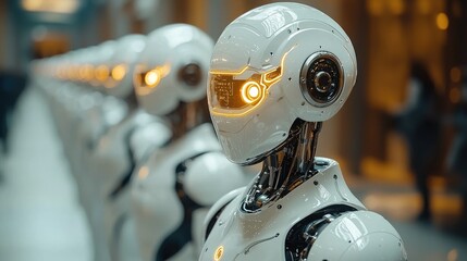 Poster - A row of futuristic robots with glowing eyes, showcasing advanced technology and design.